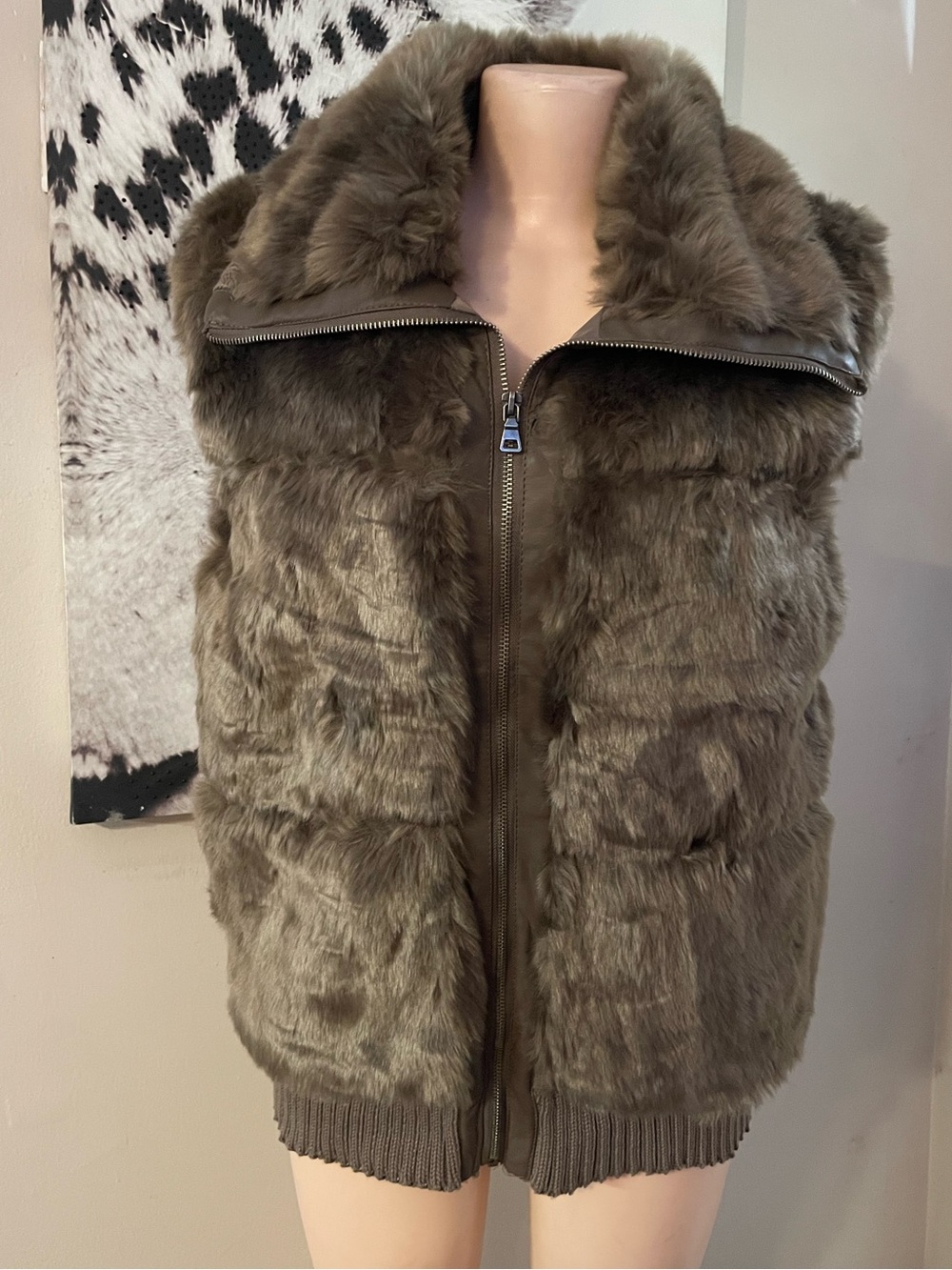 Royalty Faux animal Fur full Zip-Front Vest in Taupe Brown Woman XL top